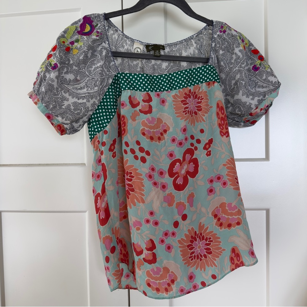 FEI Anthropologie silk blouse embroidery
